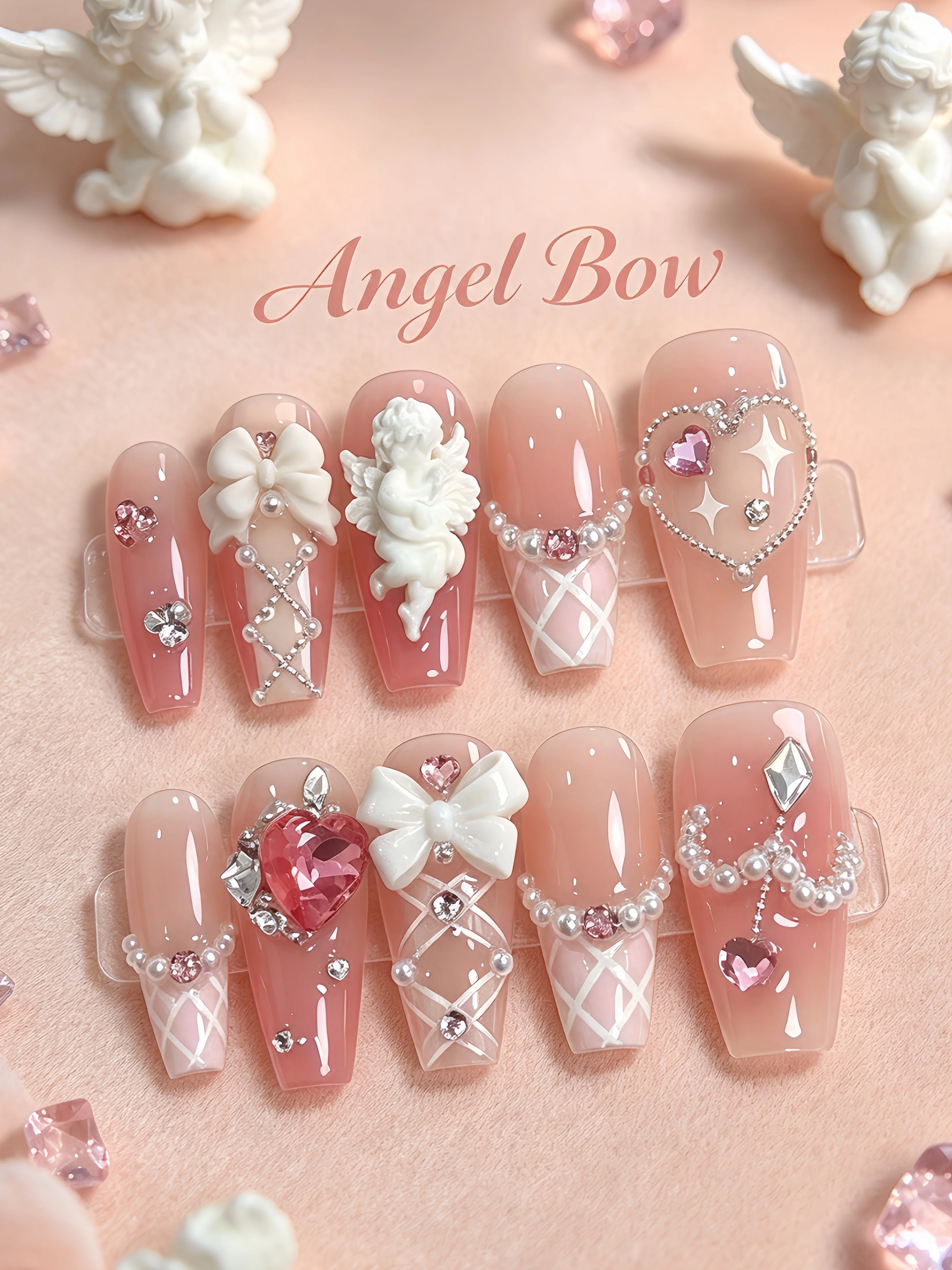 Gentle Nude Pink Gradient Nail Art, 3D Little Angel Pearl Chain Hand-Painted Diamond Pattern Handmade Wearable Nails, Date Photo Shoot Ambiance Fake Nails
