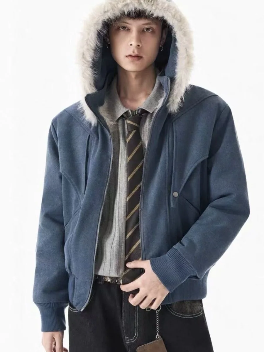 

Men's Thiened Cotton Jaet Hooded Fur Collar Warm Coat Loose Fit Autumn Winter Polyester Fiber Long Sve Zipper Closure