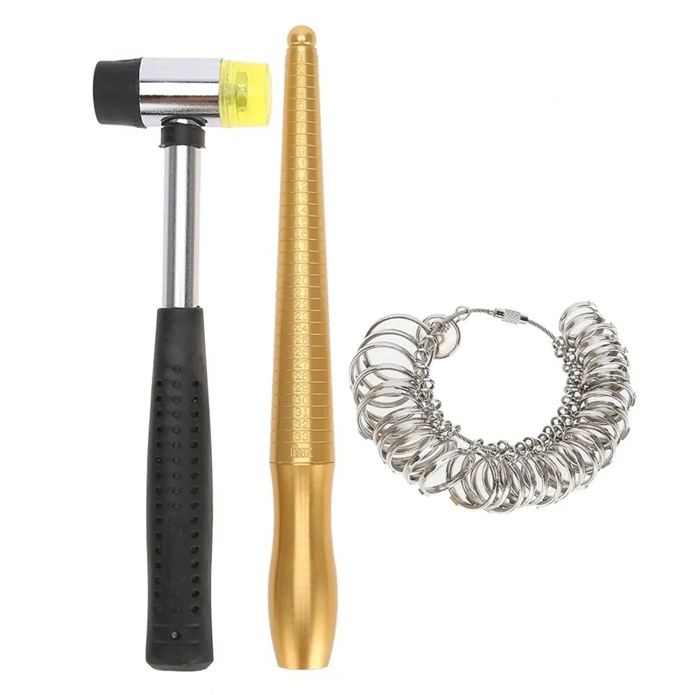 Metal Ring Mandrel Sizer Rubber Hammer Mallet Finger Measuring Stick Ring Sizing Gauge Ring Measuring Tool For Jewelry Producers