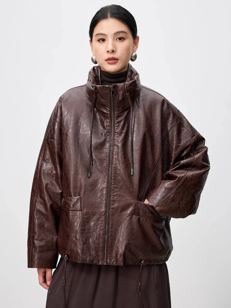 

Autumn Winter Genuine Leather Down Jackets Women High-end Simple Stand Collar Loose Soft Oil Wax Real Sheepskin Goose Down Coat