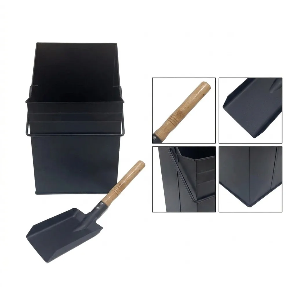 Fireplace Ash Management Set with Thickened Black Iron Bucket 22.5x18x38cm and Complementary Slant Shovel 9.5x16x22cm