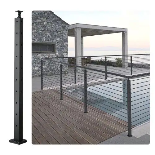 36” Steel L-Shaped Cable Railing Post - 10 Pre-Drilled SUS304 Stainless Steel, Black, with Horizontal & Curved Bracket, 1-Pack