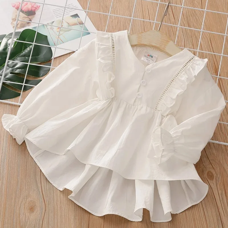 2024 Spring Autumn Fashion 2 3 4 5 6 8 10 Years Kids Cute Long Trumpet Sleeve V-Neck Cotton White Blouse Shirt For Baby Girls