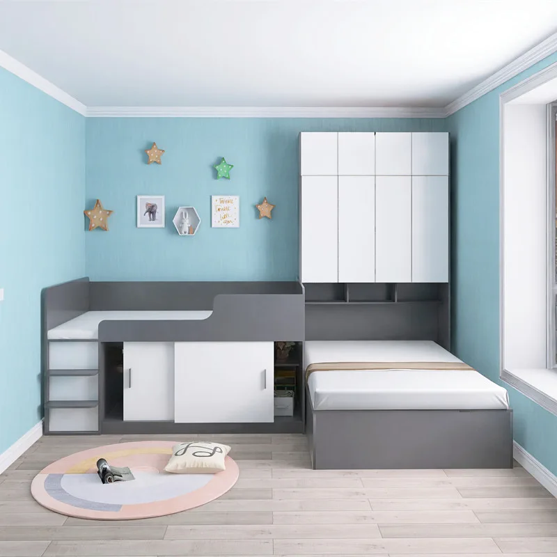 Upper and lower bed staggered children's half-height bed cabinet integrated combination