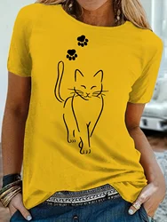 T-shirt na co dzień w dużych rozmiarach, damski T-shirt Plus Cute Cat & Paw Print z krótkim rękawem i okrągłym dekoltem, średniej rozciągliwej koszulki