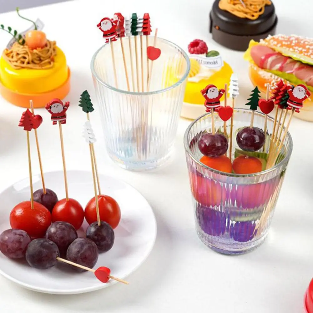 50Pcs Christmas Bamboo Skewer Cocktail Picks Cupcake Topper Disposable Bamboo Skewers Toothpicks Fruit Sticks Party Supplies