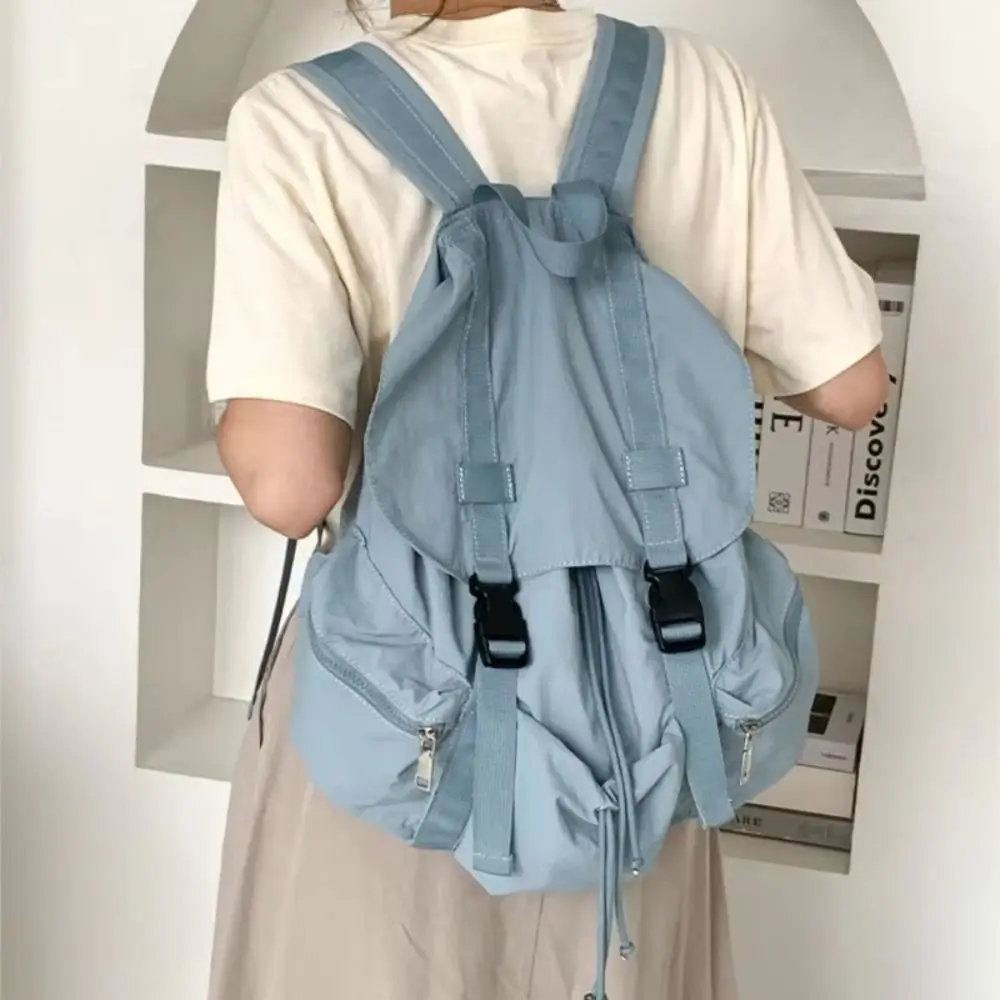 

Korean Solid Color Drawsting Backpacks Nylon Light Weight Ruched Shoulder Bags Large Capacity Casual Student Schoolbag Travel