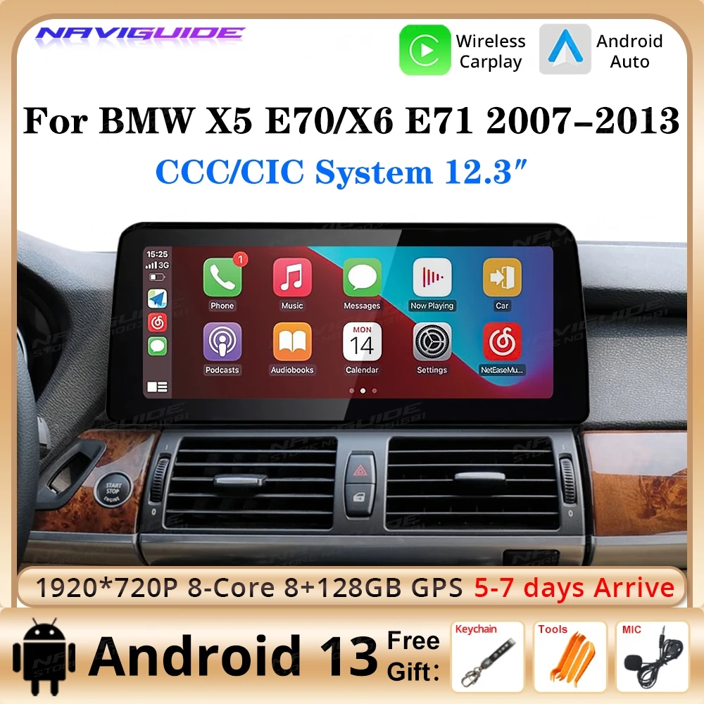 NAVIGUIDE 12.3'' Android 13 For BMW X5 E70 X6 E71 2008-2013 CCC CIC Smart car systems wireless Carplay Radio Multimedia Player 