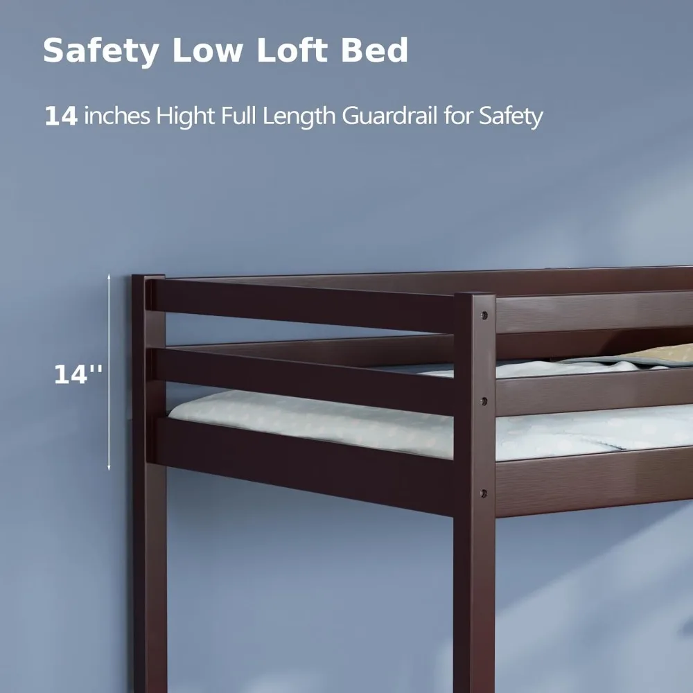 Cama alta baja junior de 47 pulgadas de alto con escaleras, cama alta de madera tamaño doble para adultos, niños y jóvenes adolescentes, soporte de listones de madera, cama para niños