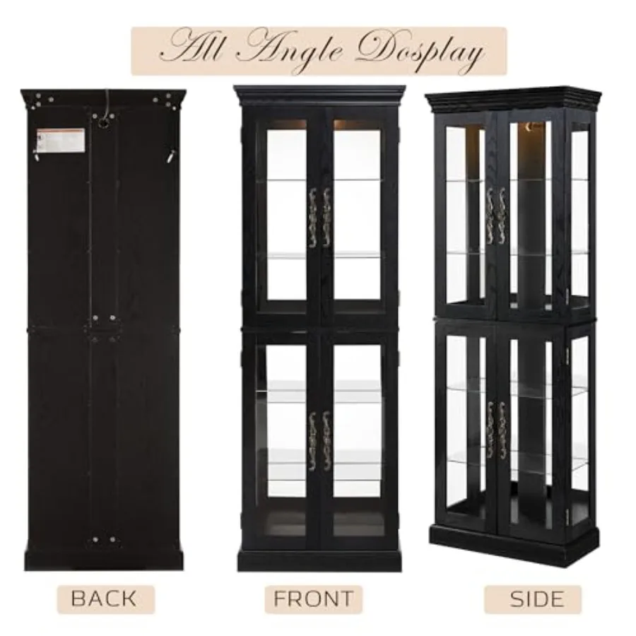 Lighted curio cabinet for living room: vintage wood finish, adjustable shelves, 4 tempered glass doors, bulb included, ideal fo view 6