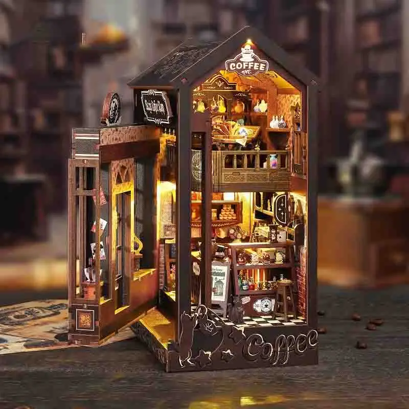 Diy livro nook prateleira inserir kits magia café estante de madeira modelo em miniatura kit artesanal estante para amigo presente aniversário