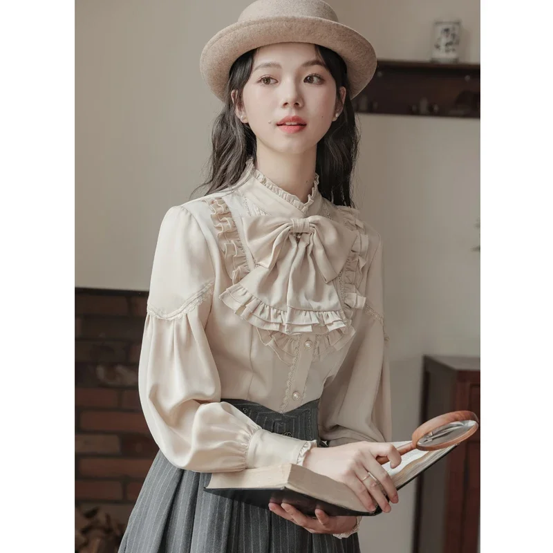 French Vintage Court Style Bow Long-Sleeved Shirts Top 2024 Autumn New Fashion Round Neck Elegant Slim-fit Blouse Vests Skirts
