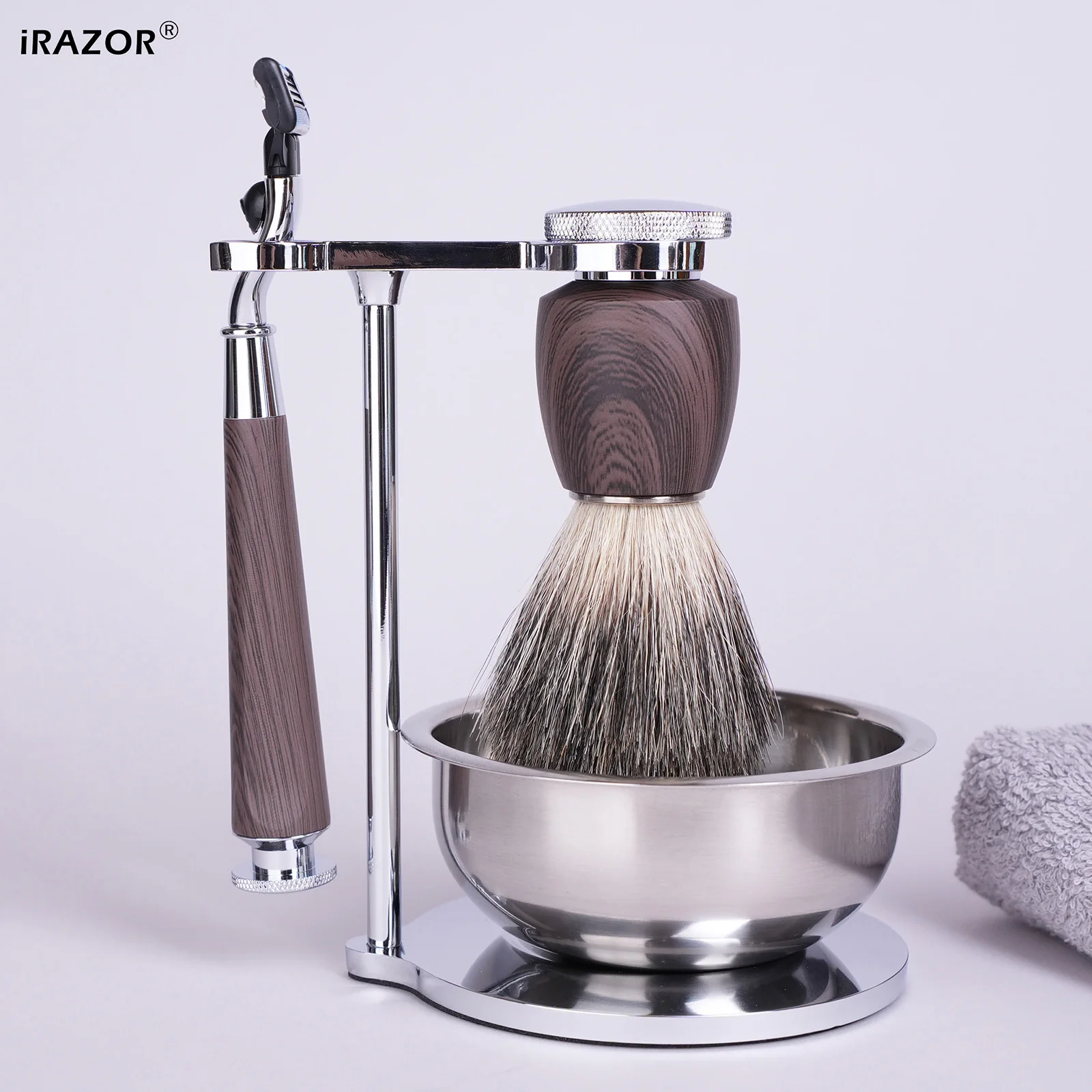iRAZOR 4-Piece Wet Shaving Grooming Set - 3 Layer Beard Shaver Facial Cleaning Brush Mug Bowl for Men Birthday Christmas Gift