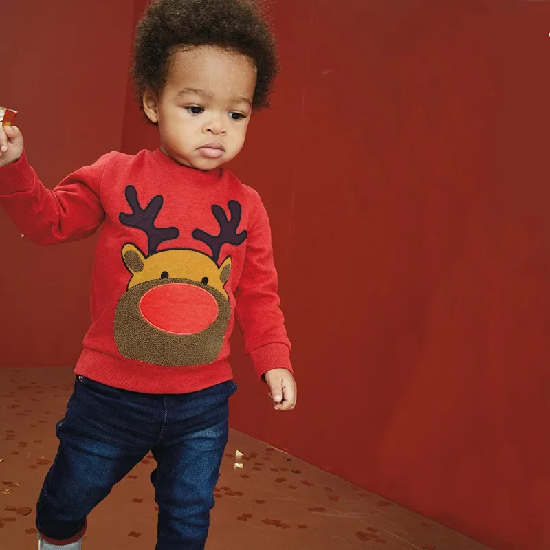 Kids Pullover Tops 100% Cotton Christmas Reindeer Patch Hoodies Sweatshirts Toddler Boys Girls Long Sleeve Crew Neck Clothes