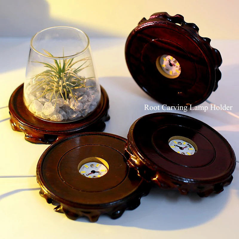 

Creative DIY Crystal Night Light Base Round Root Carving Wooden LED Light Holder Crafts Base Holder 1.5M 501 Switch Line USB