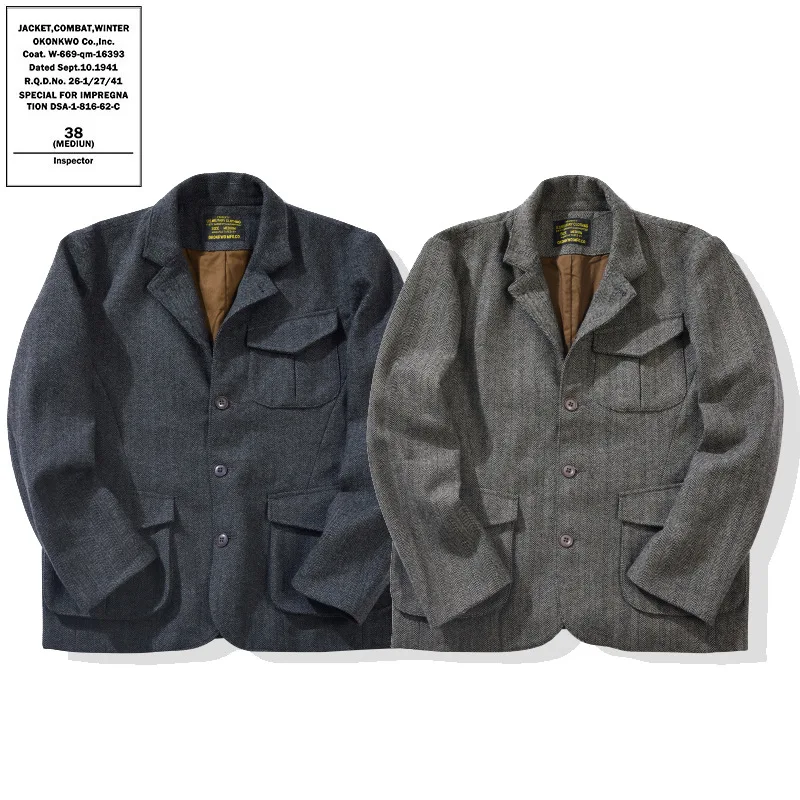 

American Retro Herringbone Thick 50% Wool Jacket for Men Casual Blazer Single-Breasted Overcoat Stand Collar Heavyweight OKONKWO