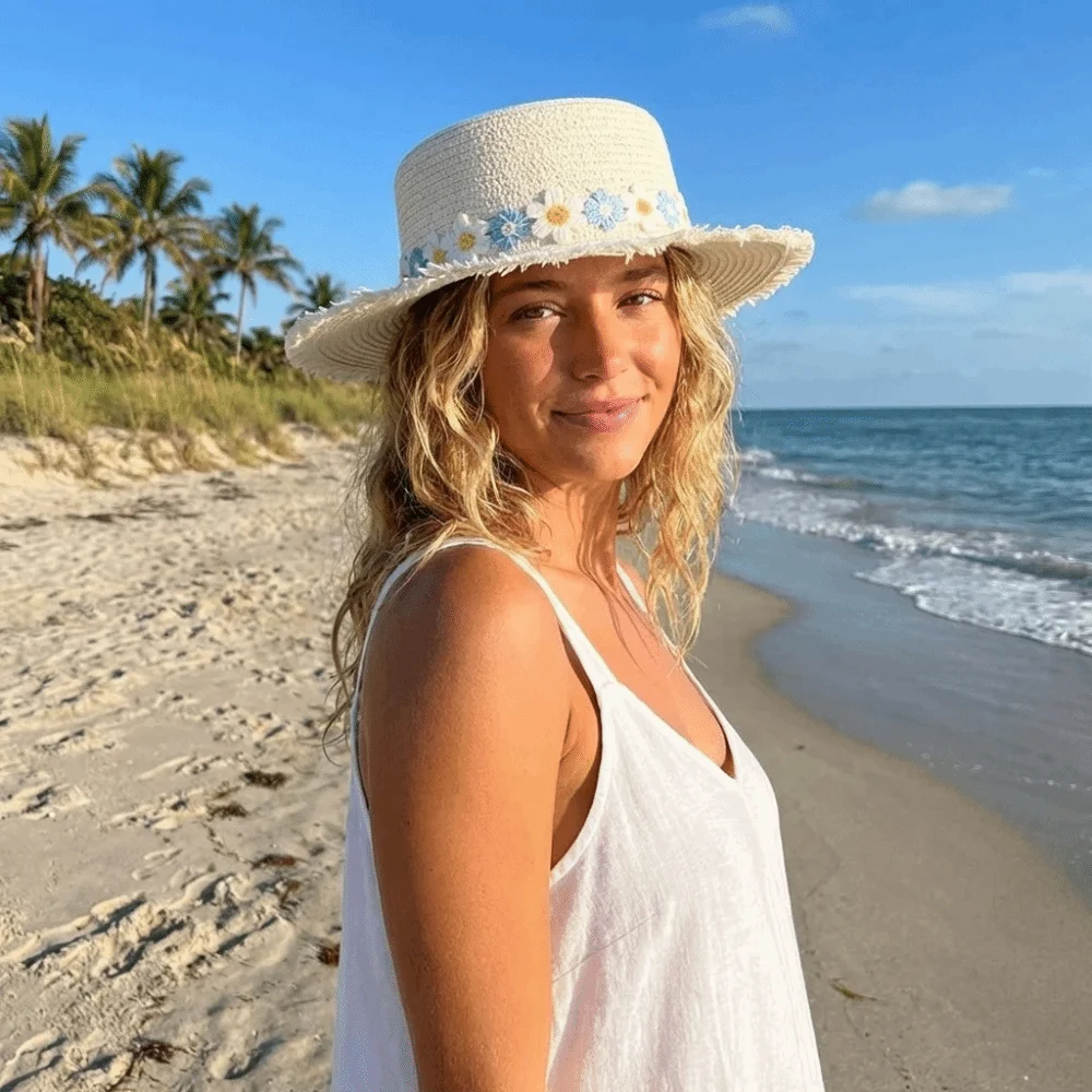 

Vintage Wide Brim Flower Straw Hat Sun Protection Flat Top Sunscreen Sun Hat French Style UV Protection Visor Cap Women
