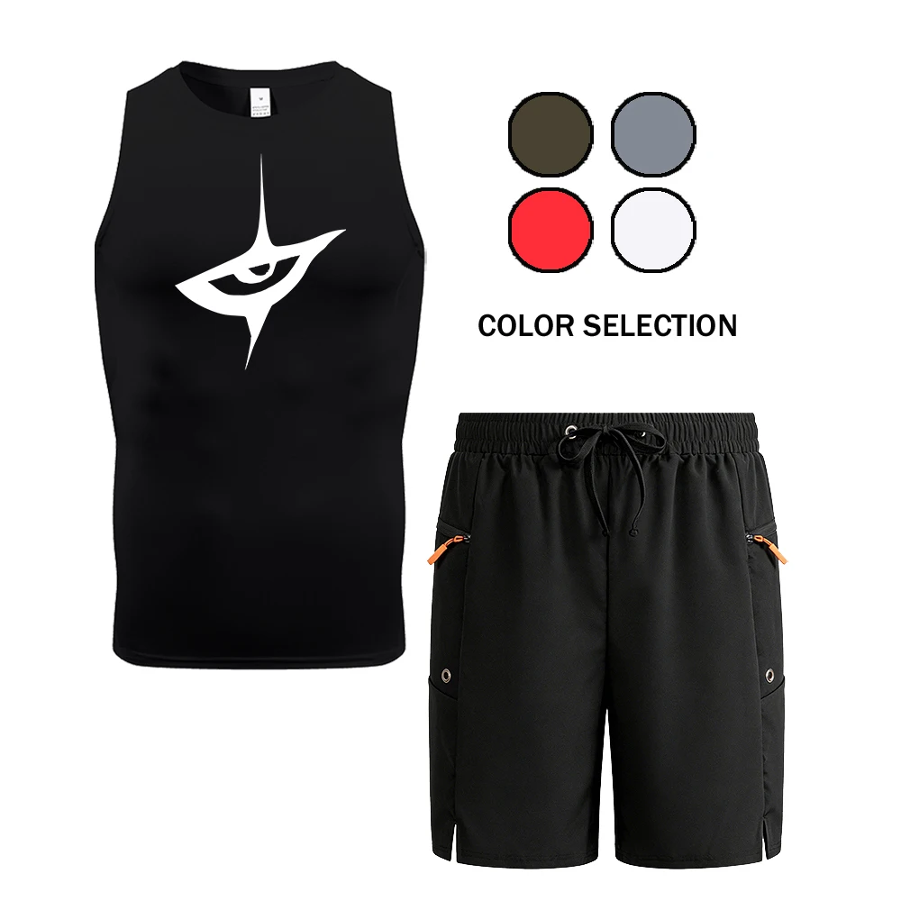 

Men's Summer Gym Sleeveless Tank & Shorts Set Black Zipper Pockets Dark Style Cracked eye Graphic Print Running and Casual