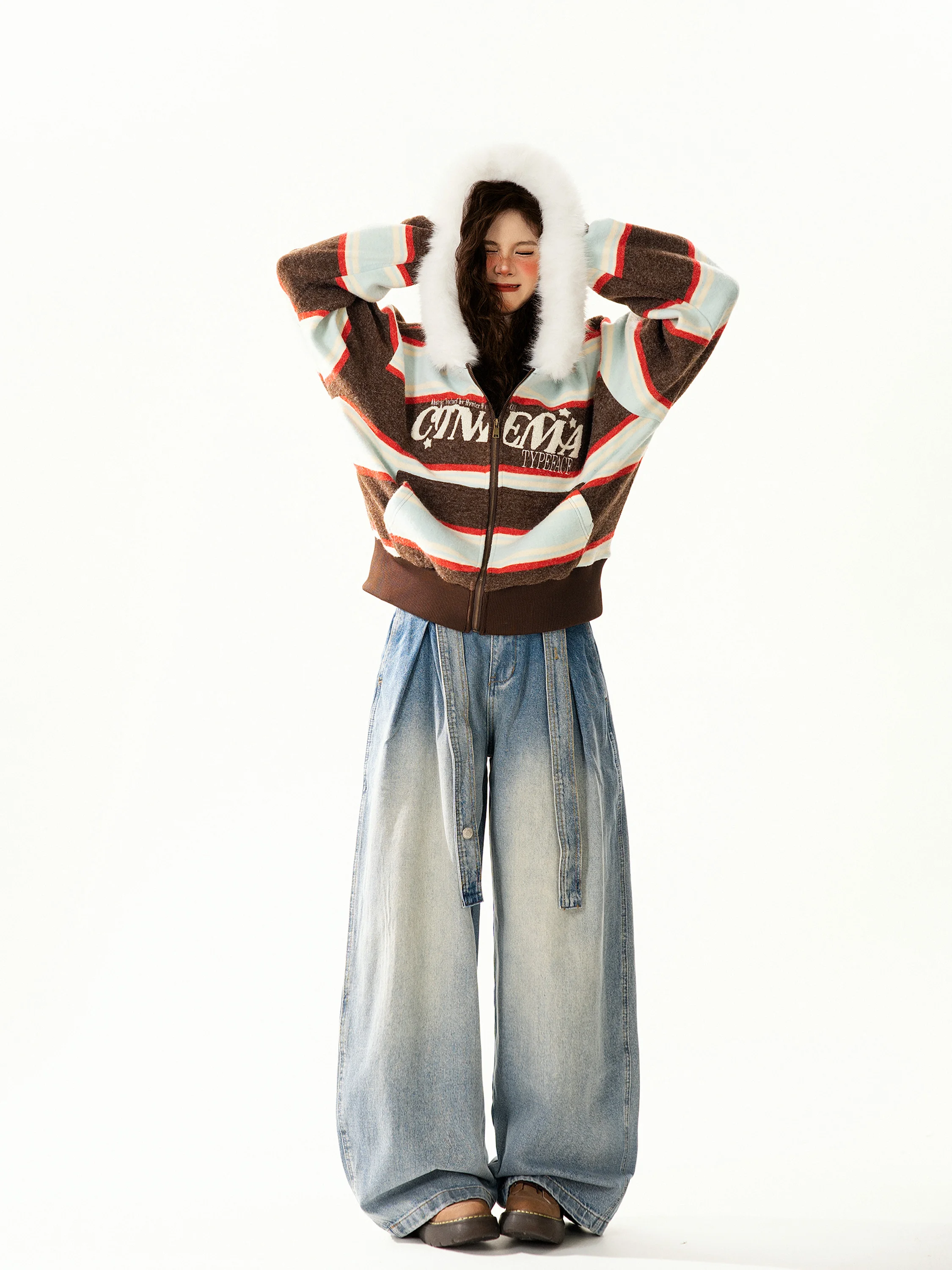 

Ретро-кардиган с контрастными полосками и капюшоном, женская свободная верхняя одежда, осенне-зимняя уличная одежда с длинными рукавами и застежкой-молнией