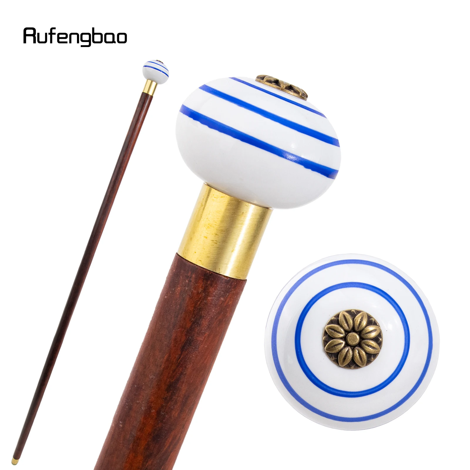 Blue White Ceramic Round Flower Head Wooden Single Joint Stick Decorative Cospaly Party Wood Cane Halloween Wand Crosier 90cm