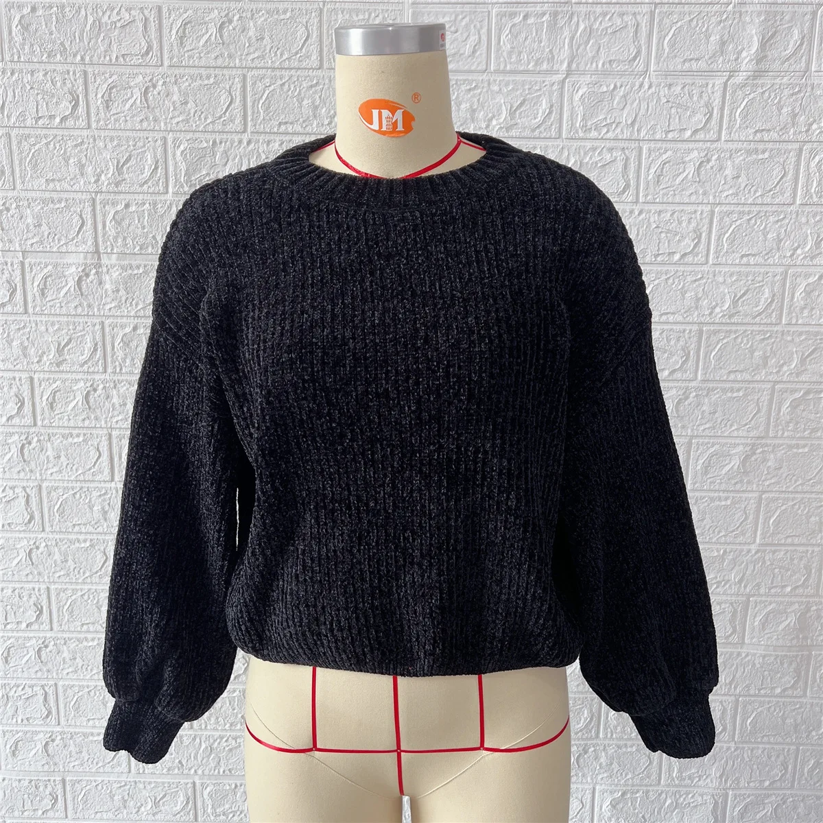Autumn Solid Color Casual Round Neck Lantern Sleeve Short Knitted Pullover Sweater