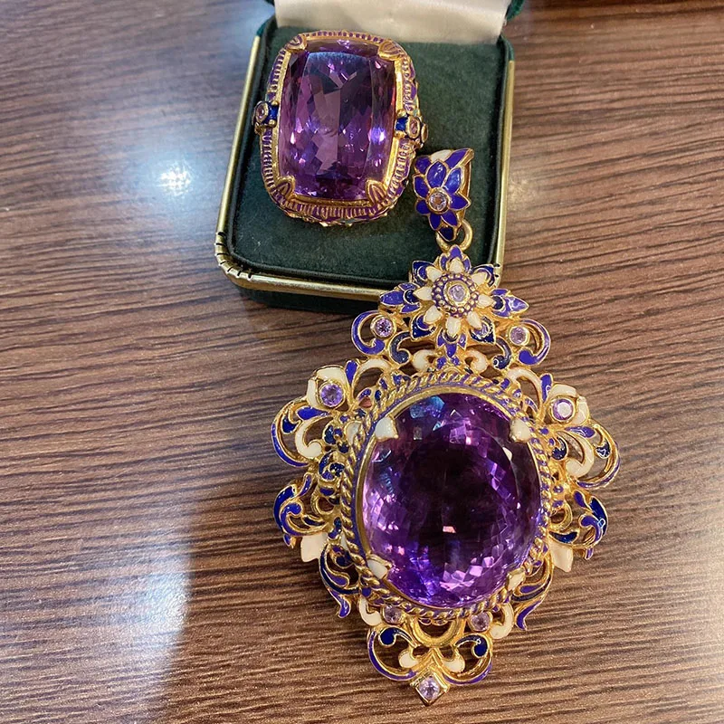 Foydjew Italian Vintage Jewelry Enamel Color Amethyst Rings Pendant Necklaces Medieval Style Banquet Jewelry Sets For Women