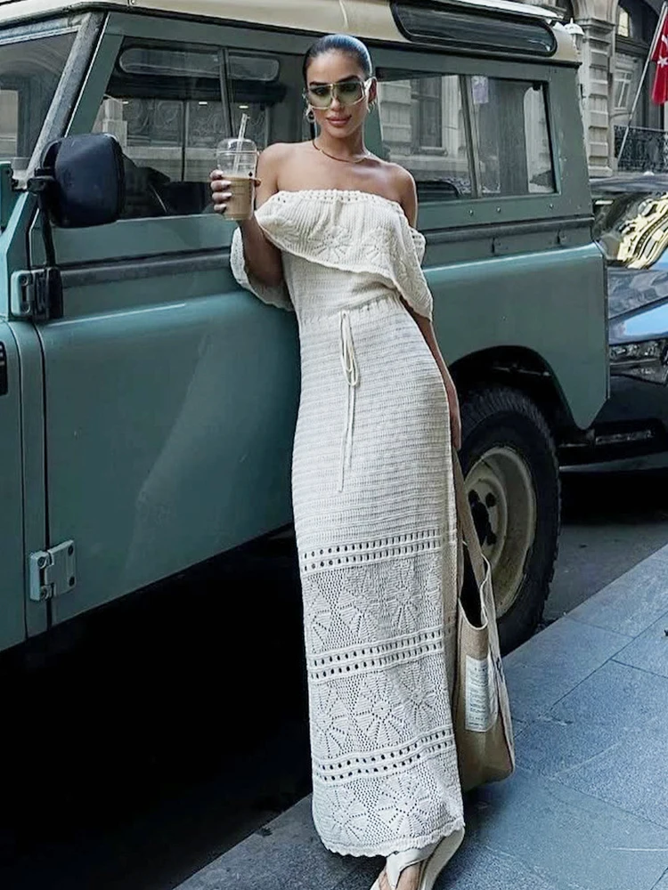 بوهو فستان منسوج مثير بلا أكمام مائل الرقبة فستان طويل المرأة نادي الحفلات عالية الشاطئ ماكسي فساتين امرأة Bodycon فستان كاجوال أنثى