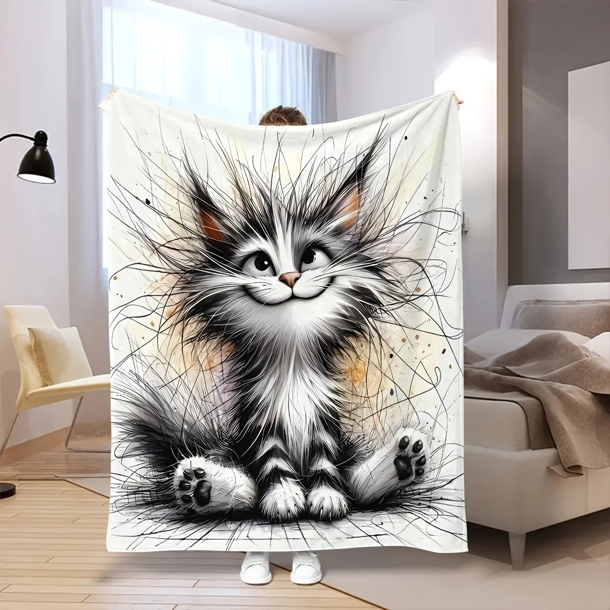 Cozy Smiling Cat Print Flannel Throw Blanket Warm & Versatile for Couch, Bed, Office Chair, Camping & Car