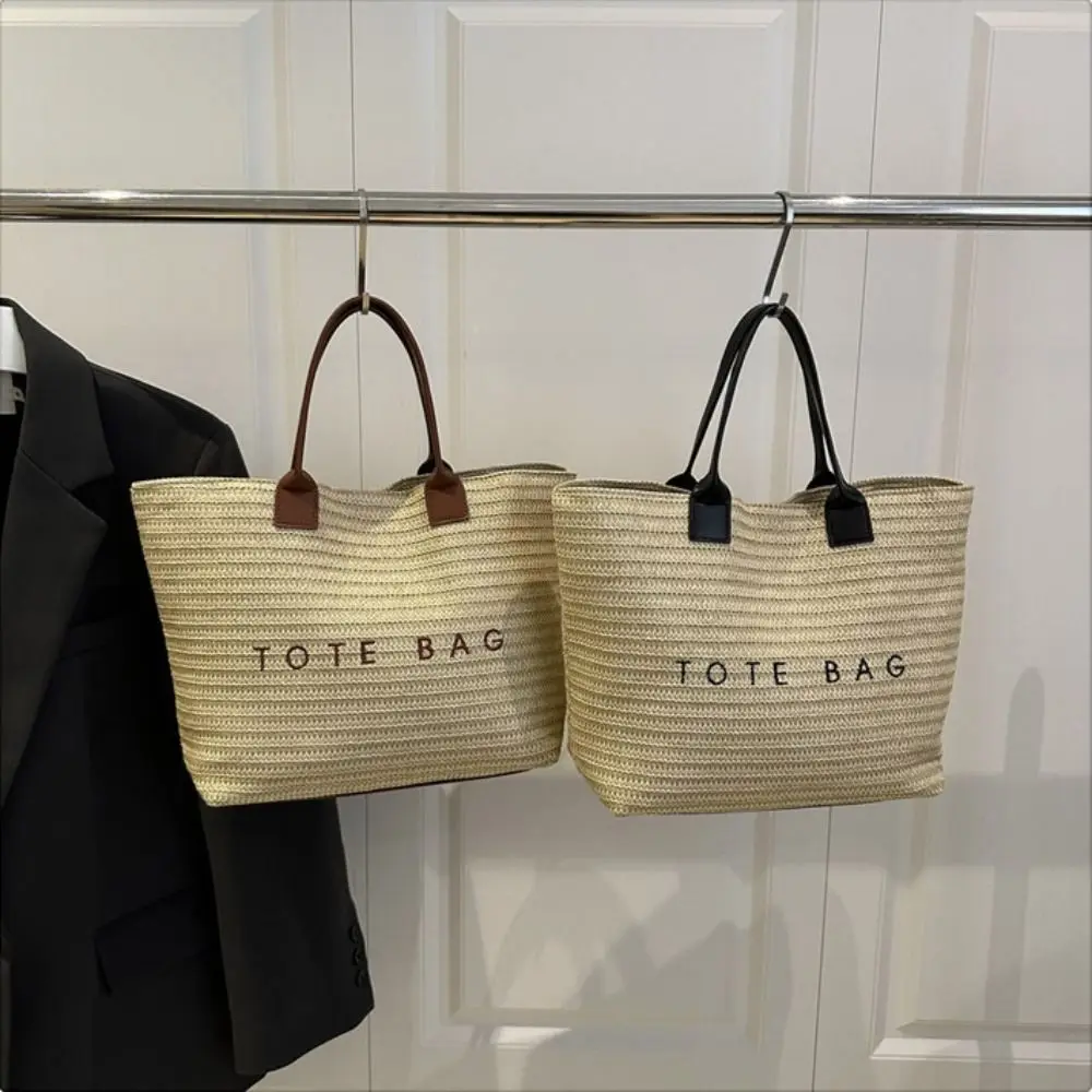 

Casual Beach Handbag Straw Woven Bag Large Capacity Bucket Bag Bohemian Beach Bag Letter Shoulder Bag Holiday