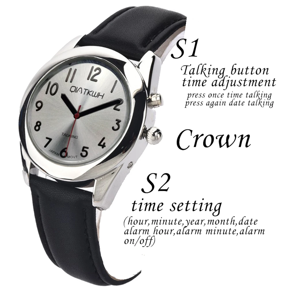 QIATKWH Russian talking watch,Silver case, black leather strap/silver stainless steel telescopic strap