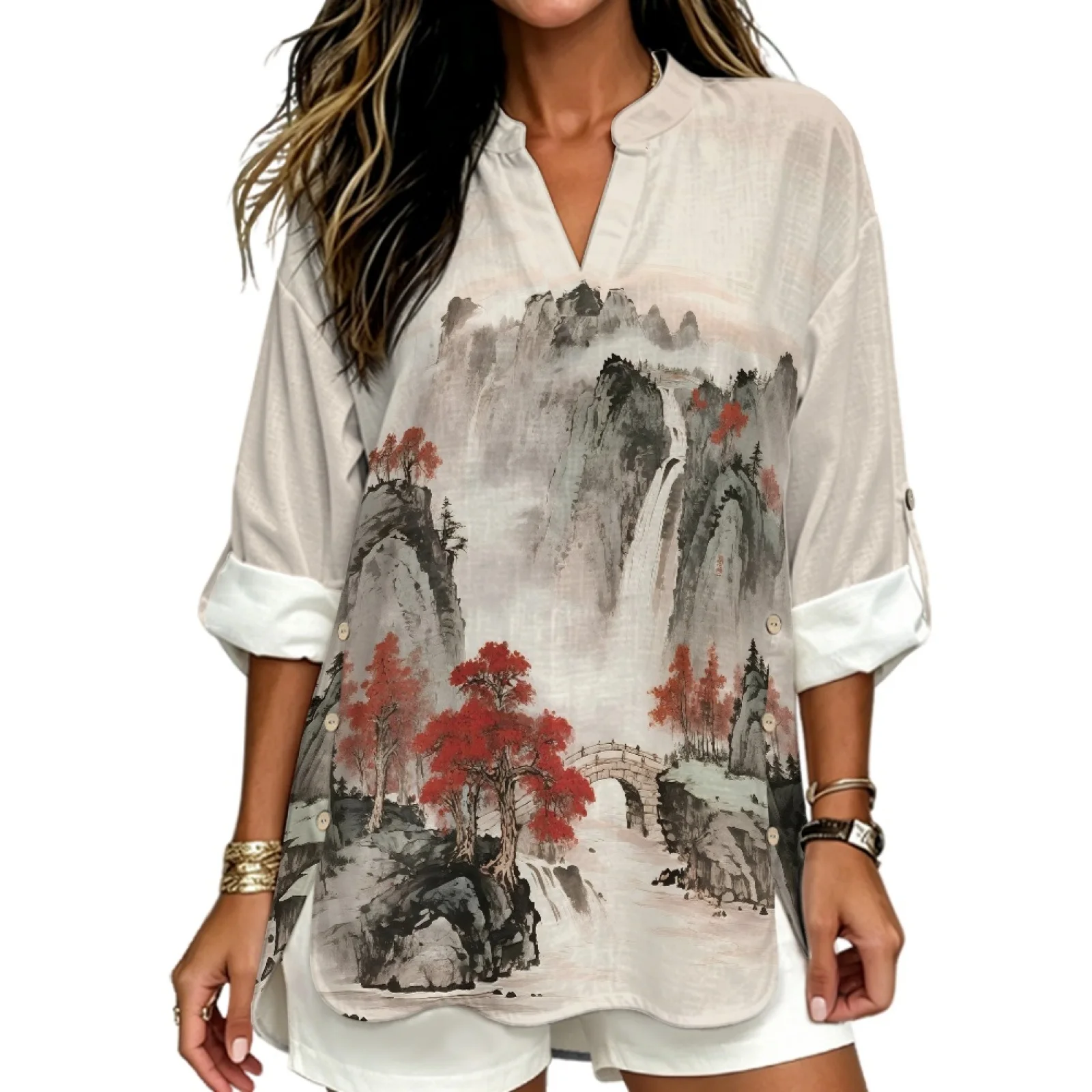 PENSTROLL Ink Wash Landscape Linen Like Long Sleeve Shirts Side Slit Hem V Neck Tunic Tops for Beach Party Sizes S-5XL