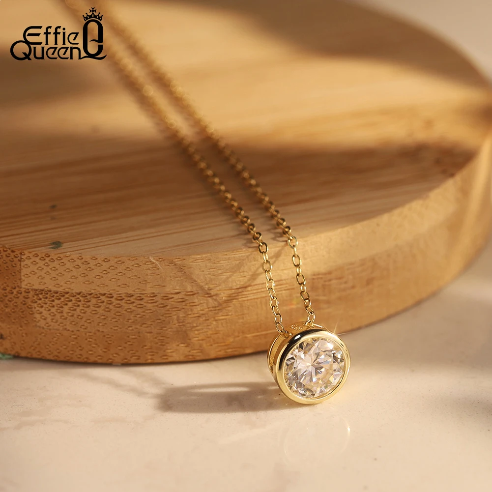 EFFIE QUEEN D color VVS1 Lab Diamond Moissanite Pendant Necklace 925 Sterling Silver Round Bezel Simple Neck Jewelry SMON11