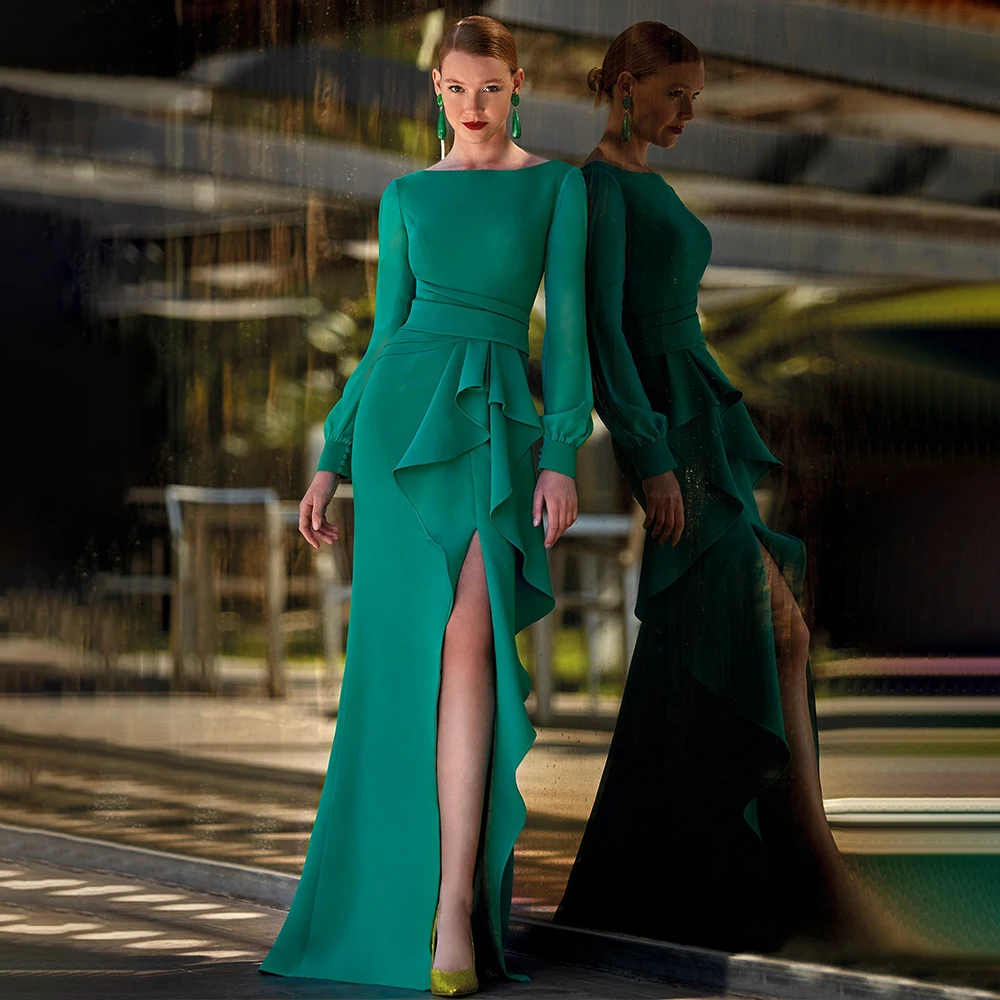 Vestido de fiesta de boda verde para mujer, manga larga, cuello de barco, Vestidos de Noche de sirena, abertura alta, volantes, Espalda descubierta,