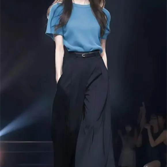 New High Quality Elegant Summer Women's Two Piece Set Slim O-neck Short Sleeve Pullover Knitwear Top + Wide Leg Pants Suit