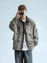 Vintage Bomber Jacket Men Women Loose Casual Large Pocket Stand Up Collar Jacket Motorcycle Punk Aviator Hunting Coat