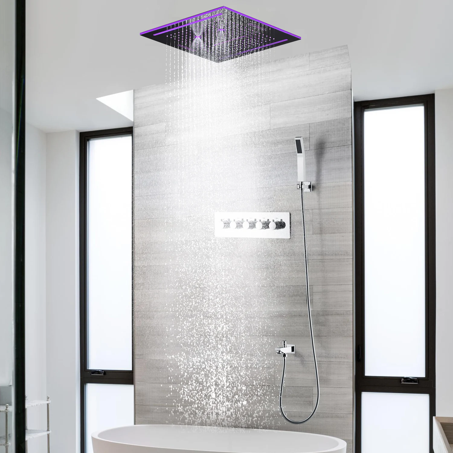 Modern Faucet Unit 400*400 MM Chrome LED Music Spray Rain Shower Thermostat Mixer System Bath & Shower Set