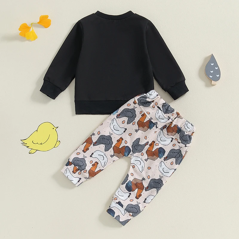 2024-06-27 Lioraitiin Toddler Boy Autumn 2PCS Outfits Long Sleeve O Neck Letter Print Tops Chicken Print Pants Sets