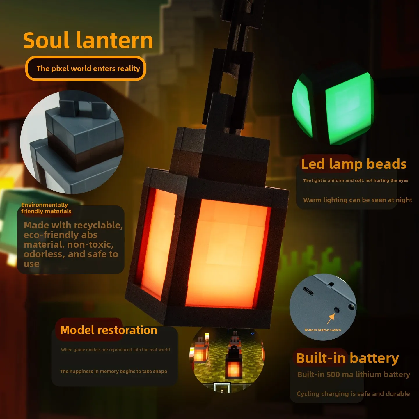 Luminous Lantern Nightlight Pixel Light Rechargeable Game Surrounding Children'S Bedroom Atmosphere Light Home Decor Ornament