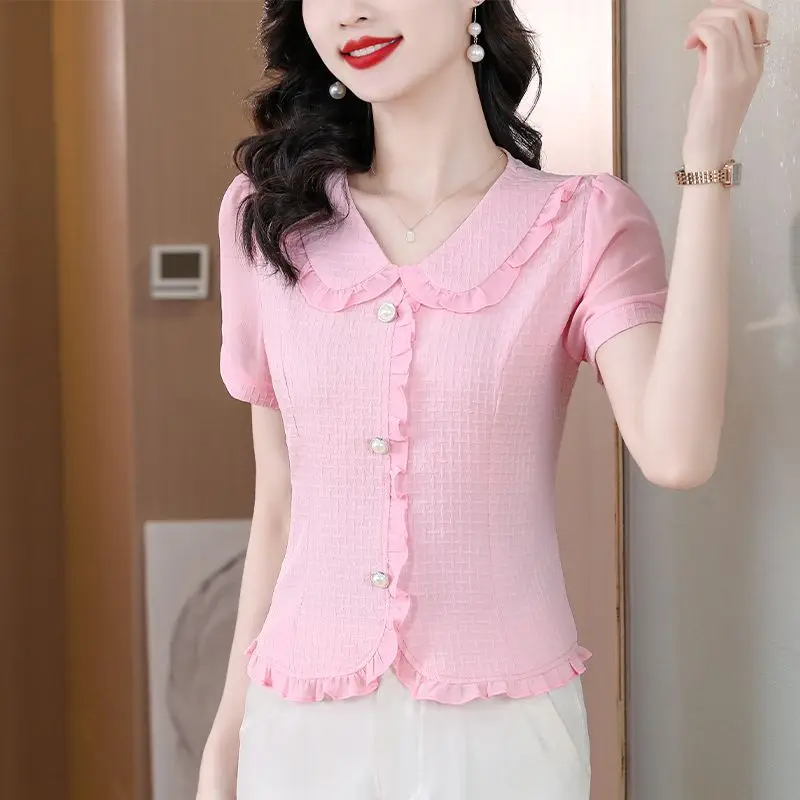 

Темпераментная шифоновая рубашка, женский наряд, летний новый стиль, маленький и модный возрастной топ с короткими рукавами, красивая рубашка
