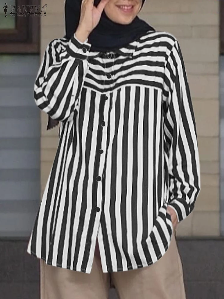 ZANZEA Islamic Casual Shirts Long Sleeve Women Turn-down Collar Muslim Fashion Blouses Elegant Patchwork Striped Autumn Camisas