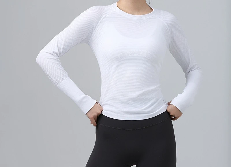 Autumn and winter seamless fitness top girls long-sleeved elastic knitted sports crew neck running quick-drying yoga clothes T-s