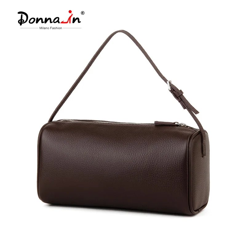 Donna-in Full Grained Calfskin Mini Handbag for Women Real Leather with Shoulder Strap Barrel-shaped Crossbody Purses