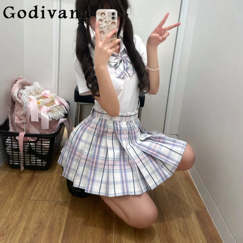 

Spring Summer New Sweet College High Waist A-line Pink Plaid Skirt Fashion Versatile Youthful Cute Girl Short Pleated Skirts
