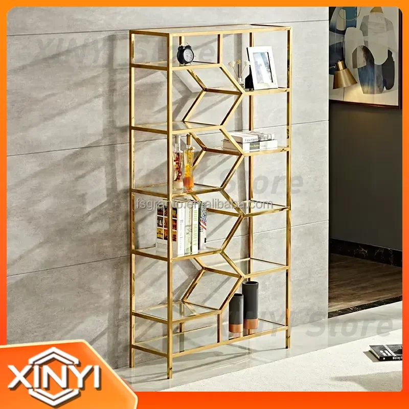 Custom Most Popular Wholesale Indoor Bookcase for Living Room Furniture Glass Top Gold Bookshelf for Home Office Bedroom