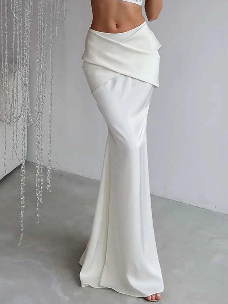 BKQU Fashion Satin Party Long Skirt High Waist Solid Color Casual Basic Women Skirts Fishtail Skirt Elegant Chic Summer Skirt