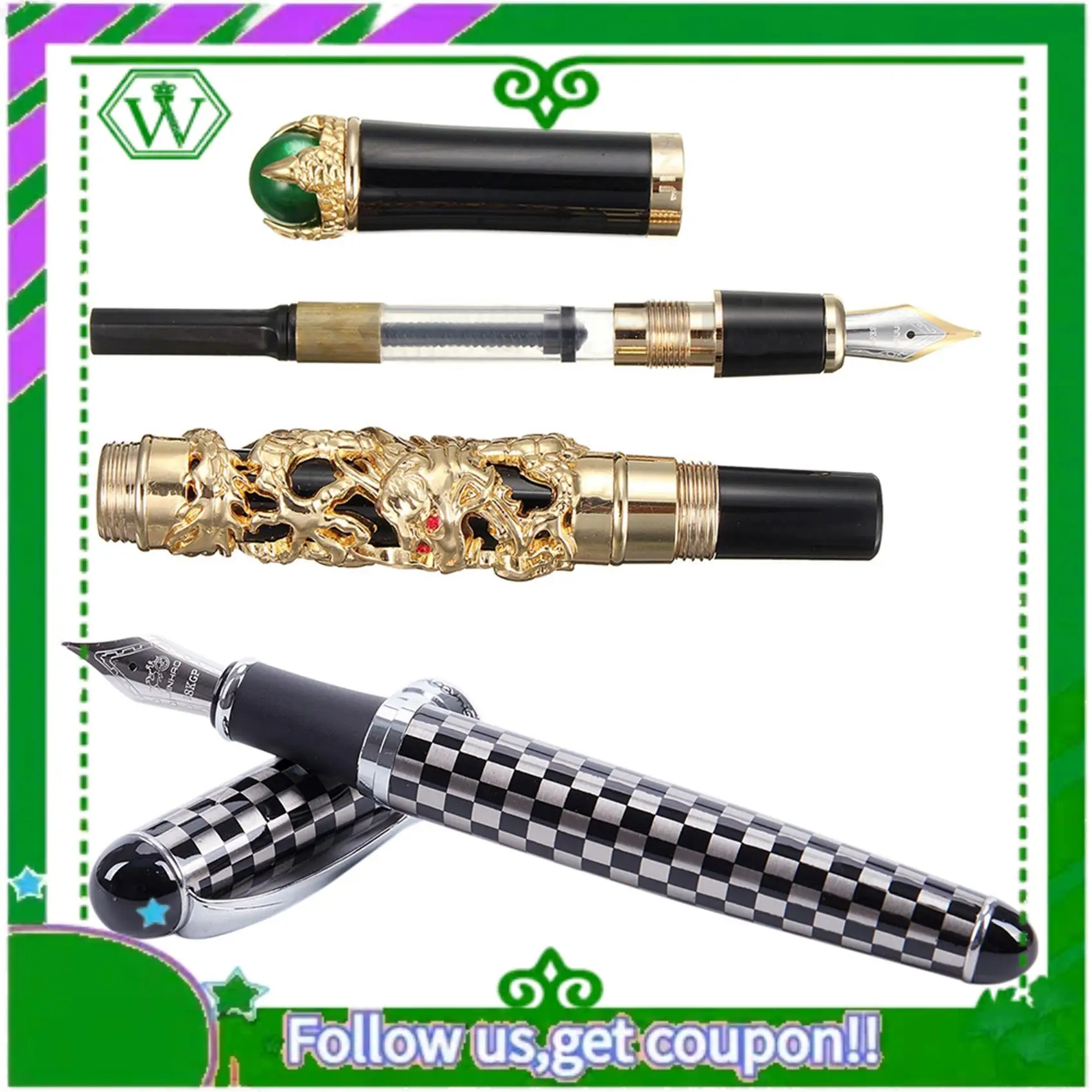 

ABIK-JINHAO 2PCS Luxury 18KGP 0.5Mm Gold Dragon Dragon Fountain Pen With X750 Chessboard Fountain Pen