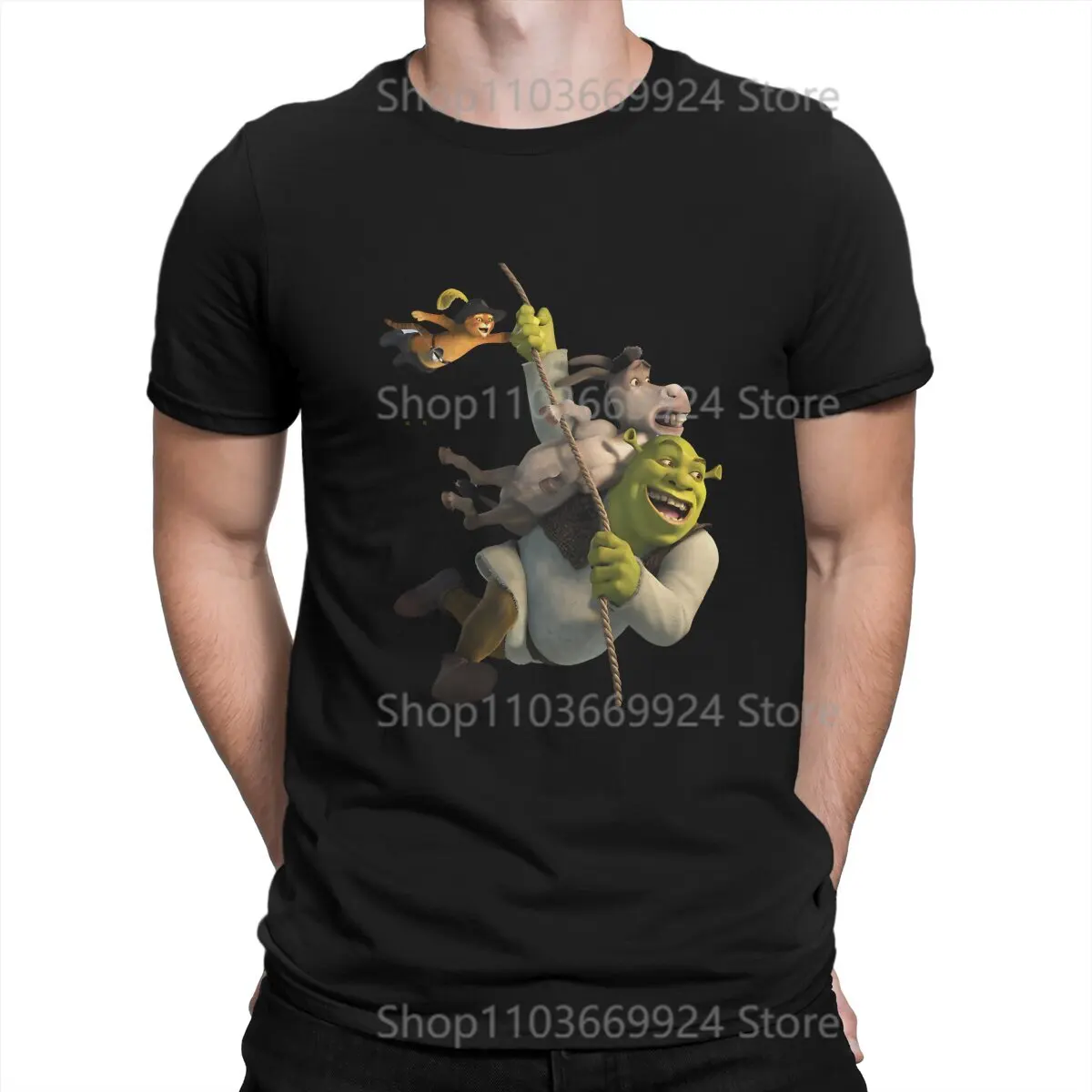 Shrek Cartoon Movie Donkey And Puss In Boots T Shirt Harajuku Homme Men\'s Tshirt Polyester  Men Clothing