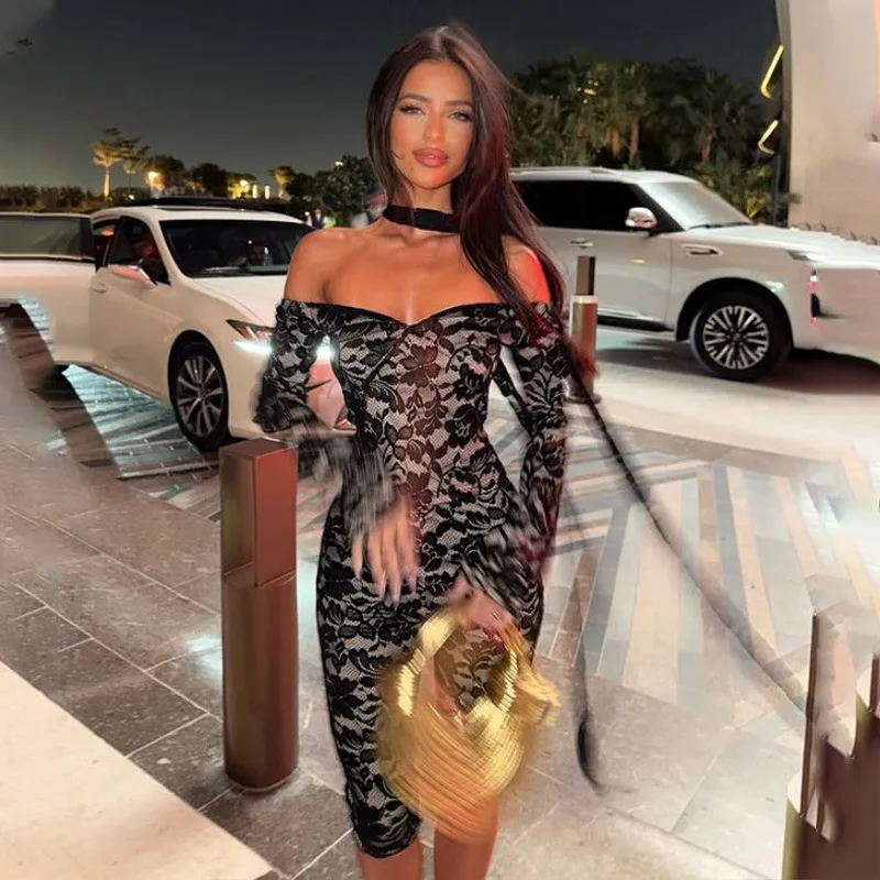 Women's Clothing European And American Style Trend Design Sense Lace One-word Collar Long-sleeved Sexy Jumpsuit Medium Pants