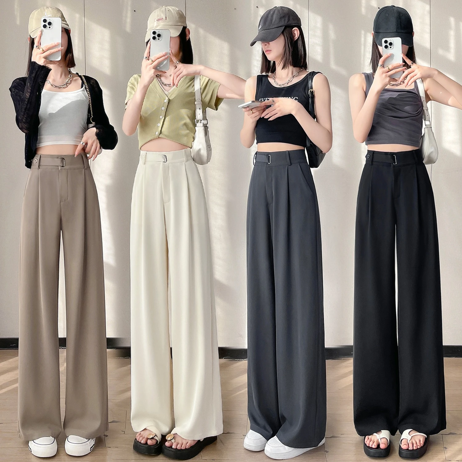 High Waist Solid Loose Women's Wide Leg Pants 2026 New Spring Summer Button Elegant Straight Full Length Trousers Female