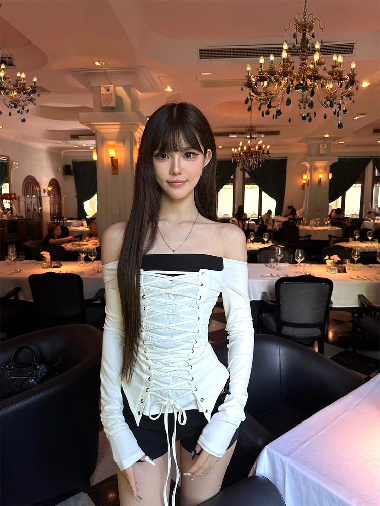 Seeslim Hotsweet الدانتيل يصل المرقعة تي شيرت امرأة ملابس طويلة الأكمام الخريف بلايز الشارع الشهير 2000s الملابس Y2k الشباب تيز شيك